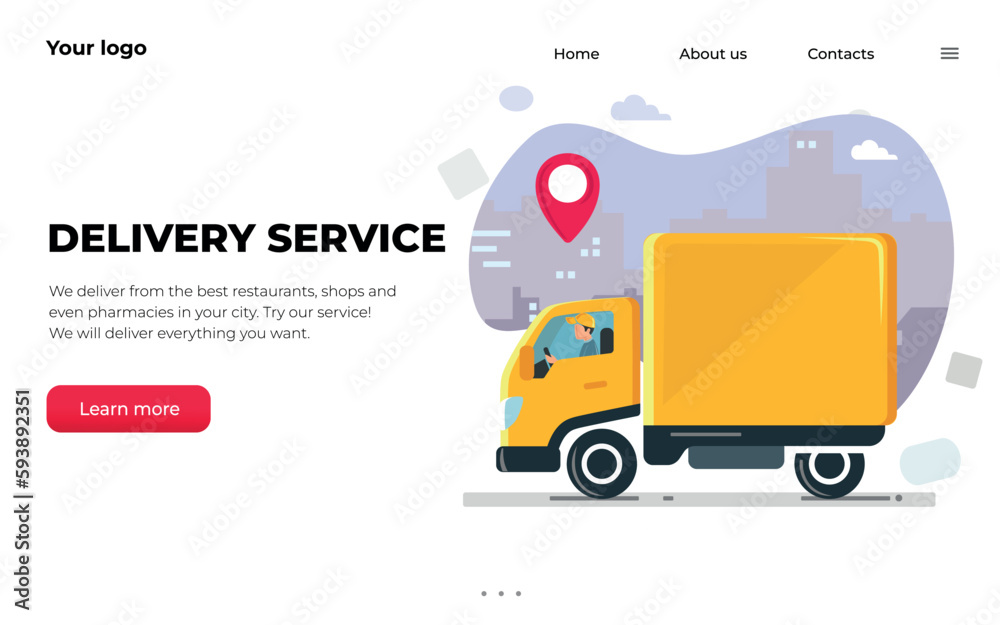 Delivery truck van with courier on city background. Landing page