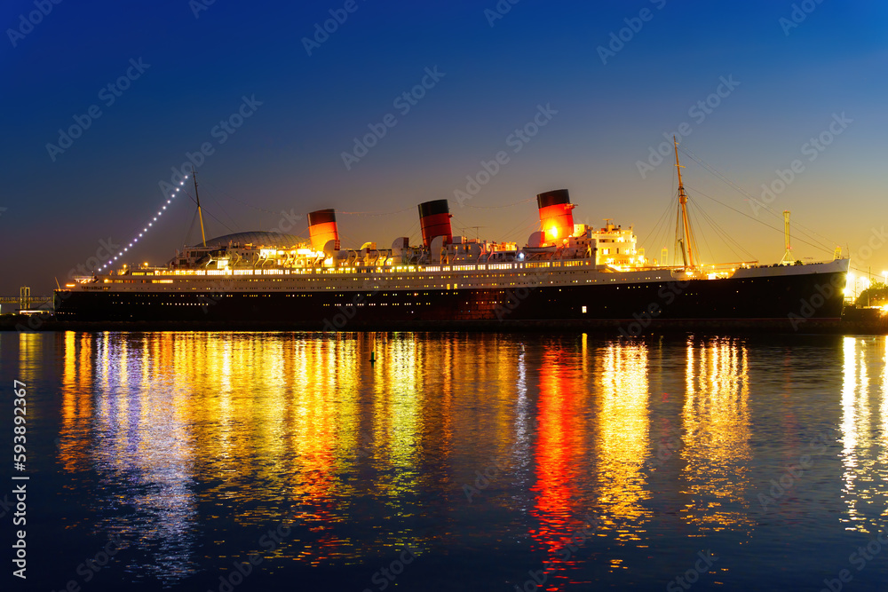 Illuminated Queen Mary Ship at Night, Long Beach, California
