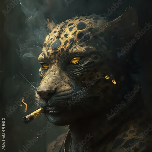 Leopard portrait. Leopard with cigarette. Generative AI. photo