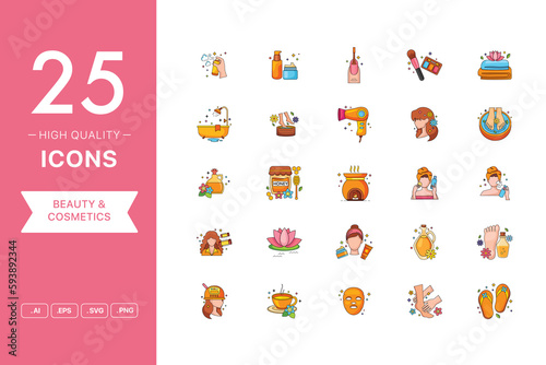Vector set of Beauty and Cosmetics icons. The collection comprises 25 vector icons for mobile applications and websites.