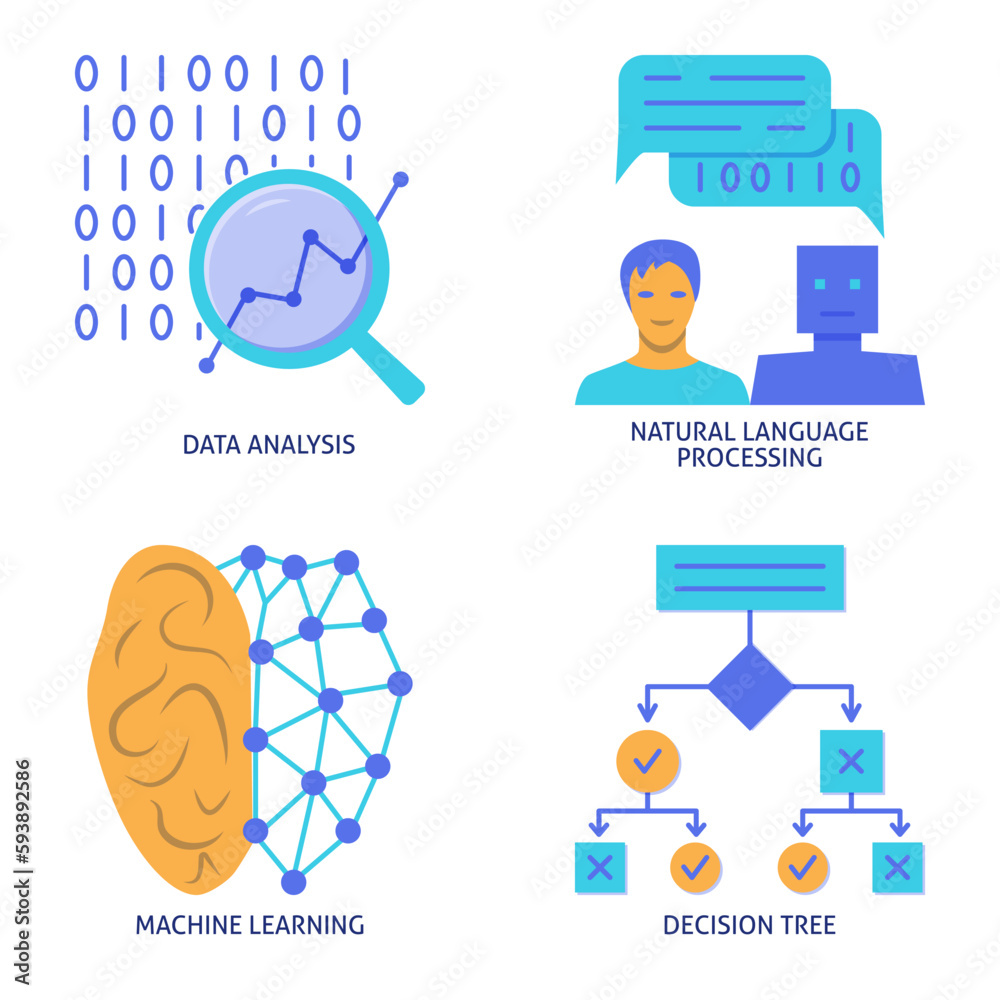 Data analysis and machine learning flat icon set