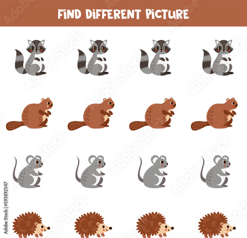 Fototapeta Naklejka Na Ścianę i Meble -  Find different woodland animal in each row. Logical game for preschool kids.