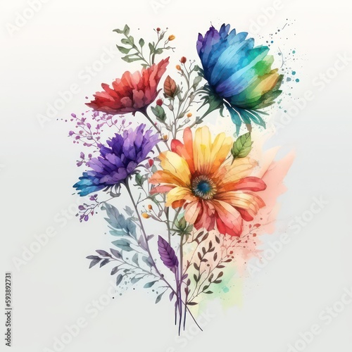 Watercolor beautiful rainbow flowers on white background. Watercolour beautiful rainbow on white background. Generative AI.