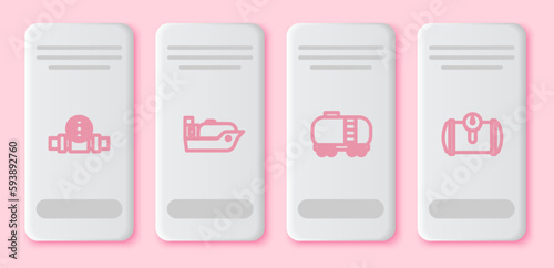 Set line Metallic pipes and valve, Oil tanker ship, railway cistern and Gas for vehicle. White rectangle button. Vector
