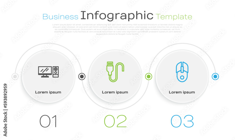 Set line Computer monitor, USB cable cord and mouse. Business infographic template. Vector