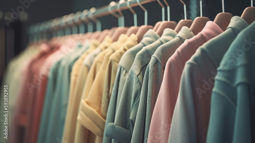 Row of colorful clothes on hangers in pastel colors. Al generated