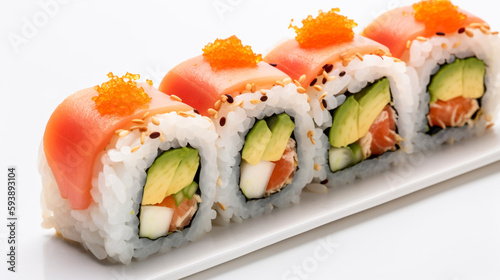 Maki saumon avocat sur fond blanc