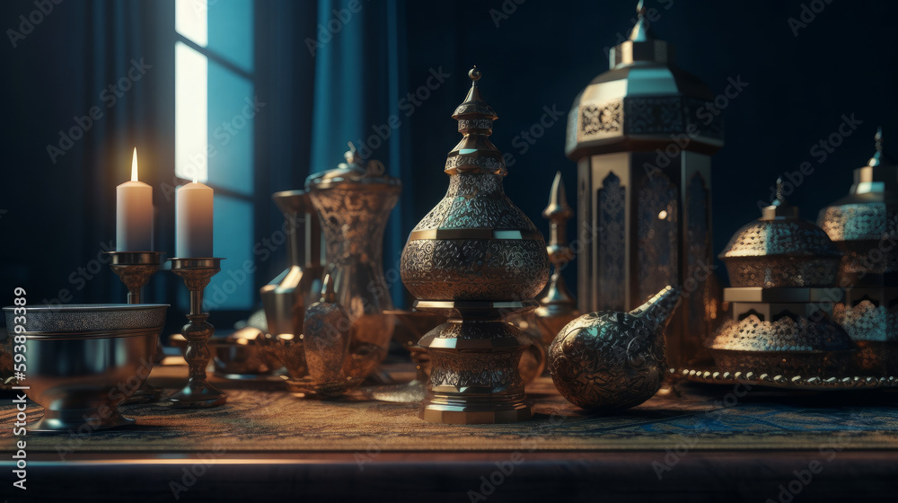 Fototapeta premium Arabic lantern of ramadan celebration background. AI generated