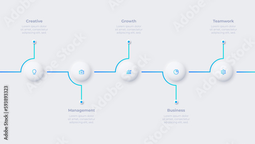 Neumorphic concept of development process with 5 options. Infographic timeline photo