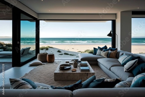 A home on the beach with a seamless indoor-outdoor design, interior decoration. Generative AI ©  Creative_studio