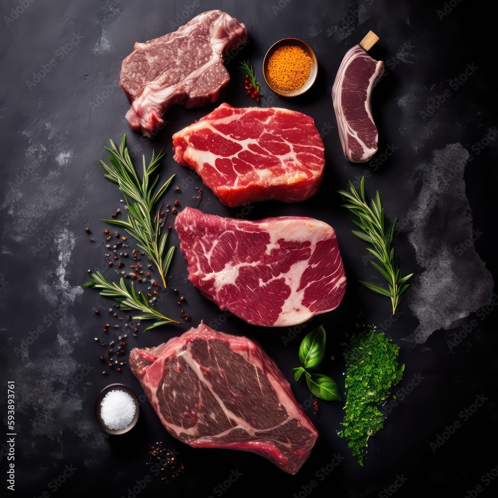 Raw beef steak. Raw beef steak on cutting board. Black angus beef. Generative AI.