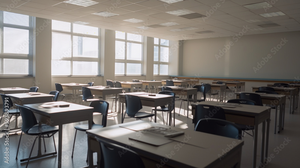 classroom with rows of neatly arranged desks and chairs, illuminated by cinematic lights for a modern and professional setting AI generated illustration
