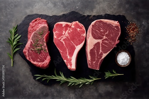 Raw beef steak. Raw beef steak on cutting board. Black angus beef. Generative AI.