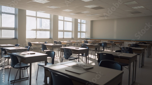 classroom with rows of neatly arranged desks and chairs  illuminated by cinematic lights for a modern and professional setting AI generated illustration