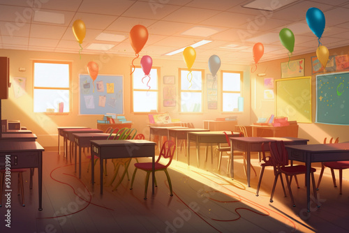 classroom with rows of desks and chairs meticulously arranged, enhanced by cinematic lights for an aesthetically pleasing and engaging educational settings AI generated illustration