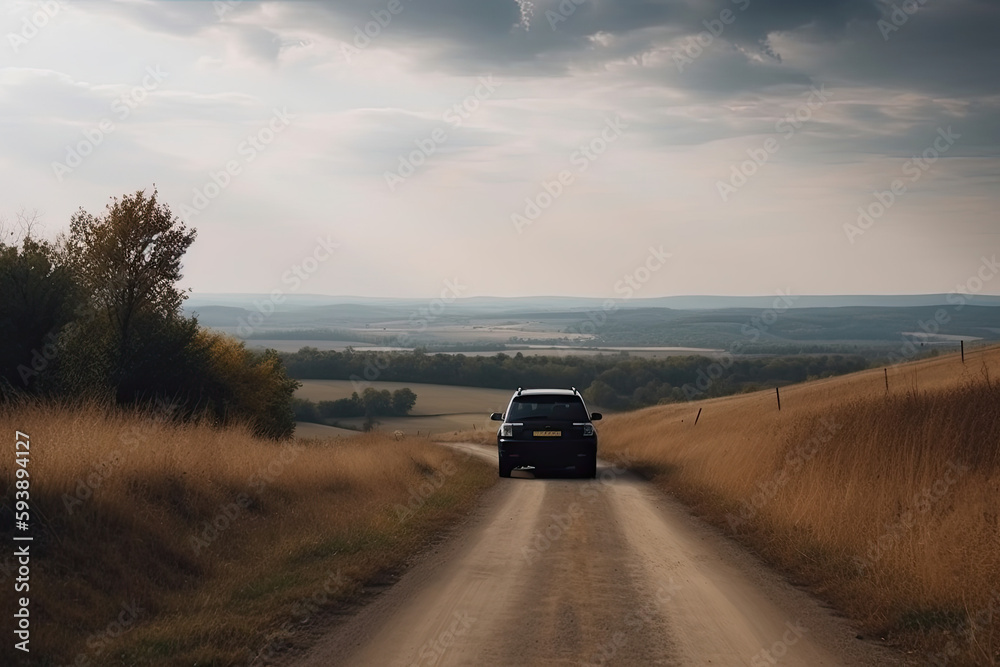 A black car on the road against the backdrop of a beautiful rural landscape with copy space	