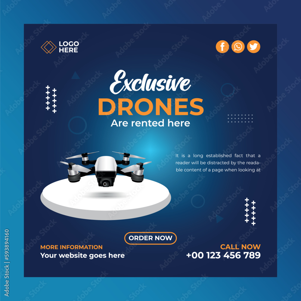 Exclusive Drone- social media post template. Suitable for social media posts and web or internet ads. Vector illustration with Photo College.