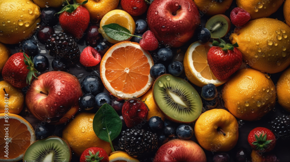 Juicy fruits top view background. Al generated Juicy fruits top view background. Al generated
