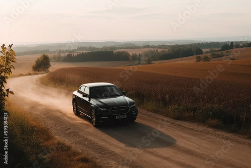 A black car on the road against the backdrop of a beautiful rural landscape with copy space  © ttonaorh