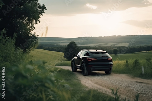 A black car on the road against the backdrop of a beautiful rural landscape with copy space 