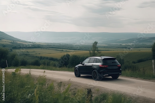 A black car on the road against the backdrop of a beautiful rural landscape with copy space 