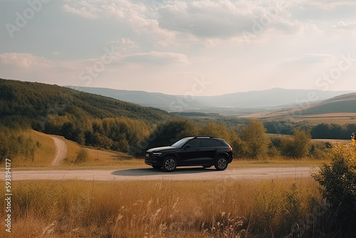 A black car on the road against the backdrop of a beautiful rural landscape with copy space  © ttonaorh