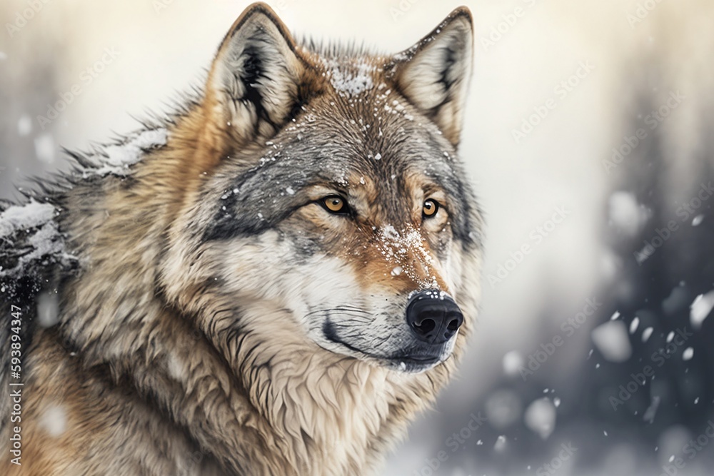 A wolf in the snow with a neutral background, showcasing details of the wolf's fur and face, illuminated by natural daylight, and vivid snow colors. Generative AI