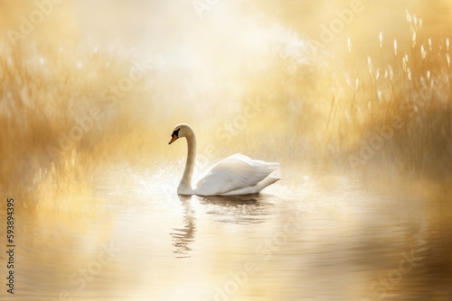 Fototapeta Naklejka Na Ścianę i Meble -  Swan misty lake. Generate Ai
