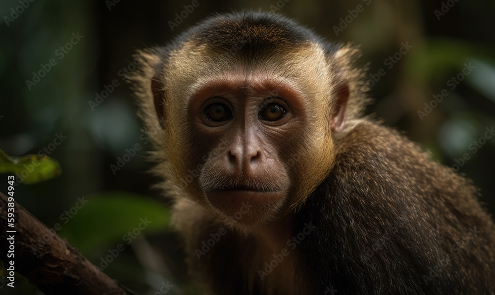 Photo of capuchin monkey in its lush, verdant rainforest habitat. The monkey's piercing eyes, expressive face, and nimble movements are brought to life in this hyperrealistic image. Generative AI Photo of capuchin monkey in its lush, verdant rainforest habitat. The monkey's piercing eyes, expressive face, and nimble movements are brought to life in this hyperrealistic image. Generative AI