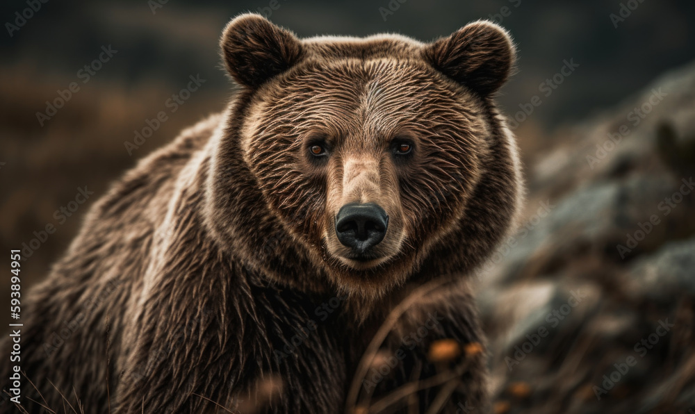 Ursus arctos, majestic brown bear captured against backdrop of wild & untamed landscape. rugged mountainous terrain that surrounds the bear is conveying the untamed wilderness. Generative AI