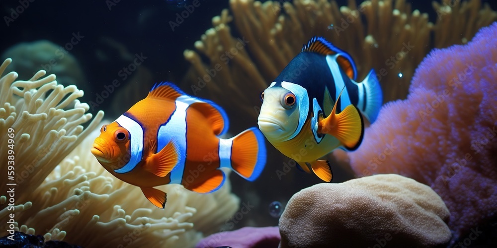 Real dory and nemo swimming in marine aquarium tank Generative AI - obrazy, fototapety, plakaty 