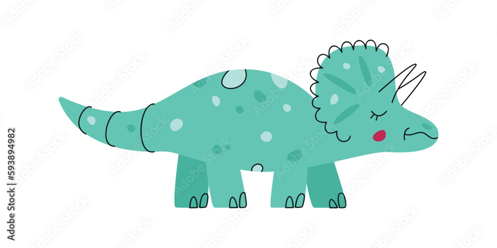 Naklejka premium Flat hand drawn vector illustration of triceratops dinosaur