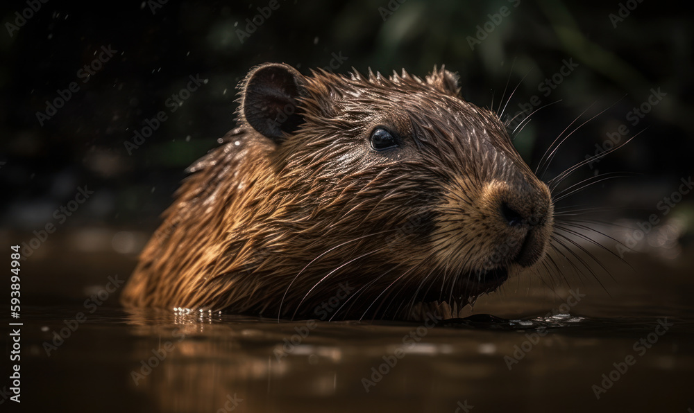 photo of capybara standing in water with forest background. Generative AI photo of capybara standing in water with forest background. Generative AI