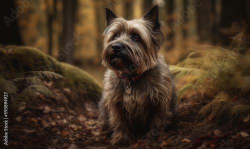 photo of cairn terrier on blurry natural forest background. Generative AI © Bartek