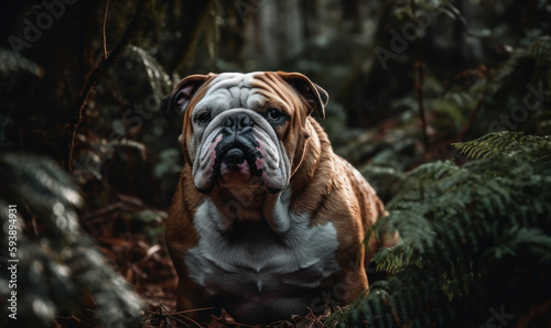 Photo of Bulldog, capturing the essence of its rugged and playful nature in the lush greenery of its natural surroundings. Generative AI.