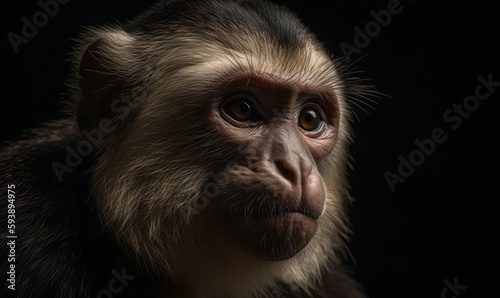 photo of capuchin monkey on black background. Generative AI © Bartek