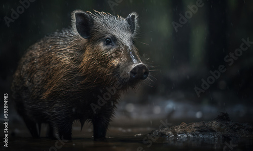 Wallpaper Mural photo of bushpig standing in muddy water in a forest. Generative AI Torontodigital.ca