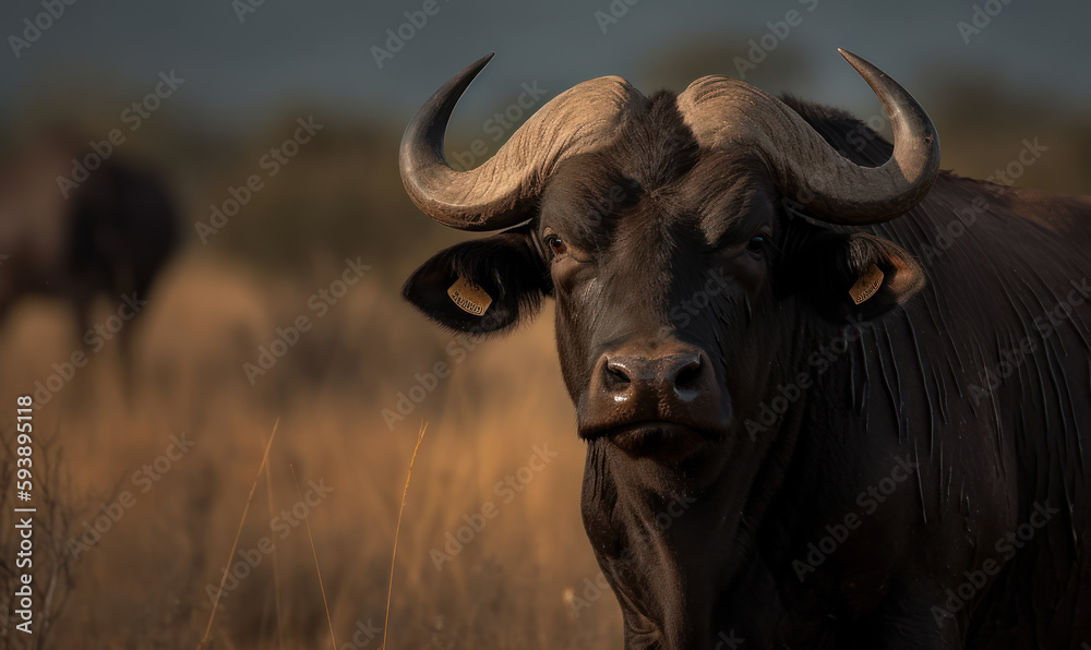 Cape buffalo photo standing amidst the African savannah as it highlights the buffalo's strength and resilience, evoking a sense of awe and respect for this iconic creature of the wild. Generative AI Cape buffalo photo standing amidst the African savannah as it highlights the buffalo's strength and resilience, evoking a sense of awe and respect for this iconic creature of the wild. Generative AI