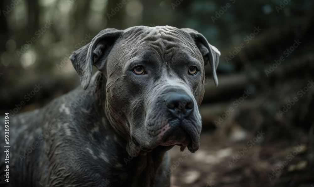 photo of Cane Corso on blurry forest backdrop. Generative AI