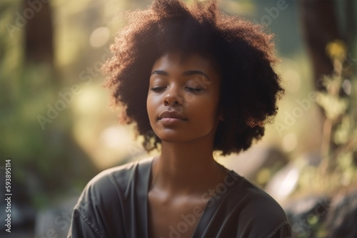 Young african american woman meditate outdoors in the park in the shade of trees. Generative AI
