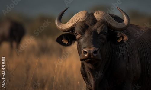 Cape buffalo photo standing amidst the African savannah as it highlights the buffalo's strength and resilience, evoking a sense of awe and respect for this iconic creature of the wild. Generative AI