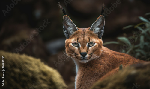 Caracal captured in exquisite detail as it prowls through the rocky terrain of its natural habitat. image showcases the caracal's stunning golden coat, piercing green eyes & agile form. Generative AI