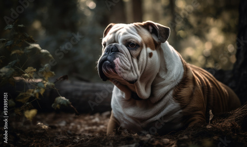 photo of Bulldog sitting in forest. Generative AI