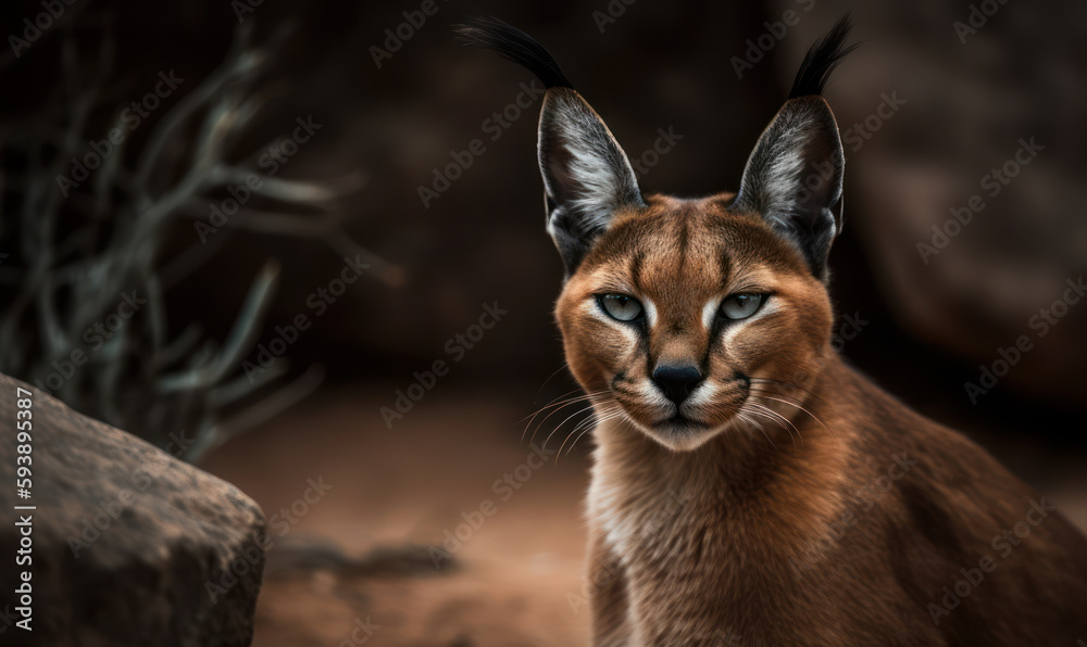 Obraz premium Caracal captured in exquisite detail as it prowls through the rocky terrain of its natural habitat. image showcases the caracal's stunning golden coat, piercing green eyes & agile form. Generative AI