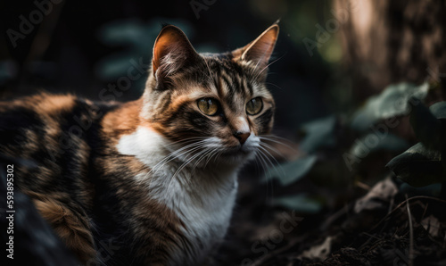 photo of calico cat in a green forest. Generative AI