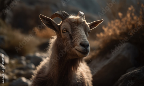 close up photo of cashmere goat with blurry mountain landscape in the background. Generative AI