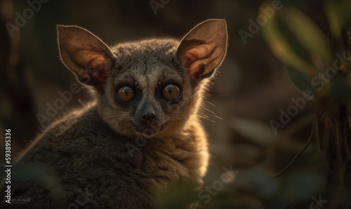 Photo of bushbaby bathed in the warm glow of the setting sun and surrounded by lush foliage in the heart of the African jungle, where the bushbaby thrives in its natural environment. Generative AI © Bartek