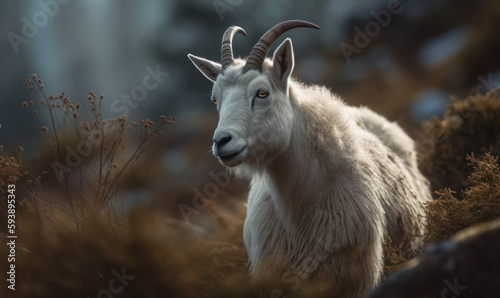 Photo of cashmere goat, animal is depicted in full figure, with every fiber of its coat visible in the image which showcases the goat against a backdrop of rugged mountain terrain. Generative AI