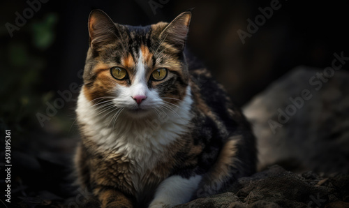 close up photo of calico cat on natural blurry forest background. Generative AI © Bartek
