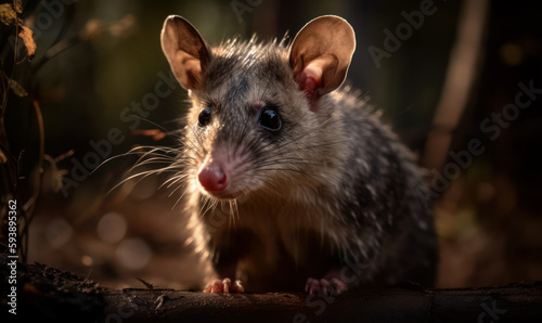 sunset close up photo of brown four-eyed opossum, a small, arboreal marsupial, on blurry forest background at sunset. Generative AI